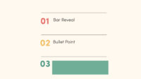 A screenshot from DaVinci Resolve showing three numbered horizontal bullet points with a minimal design against a light cream background. The first bullet point, labeled "01," is red and reads "Bar Reveal." The second, "02," is orange and reads "Bullet Point." The third, "03," is green and shows only a partial green bar extending to the right, suggesting a reveal animation is in progress or about to happen. Each bullet point is separated by thin, dark gray horizontal lines above and below