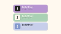 A screenshot from DaVinci Resolve showing three horizontal, rectangular bullet points on a light cream background. Each bullet point has a rounded rectangular shape with a numbered, dark square on the left and text on the right. The top bullet point is light purple with a black number "1" square. The middle one is light green with a black number "2" square. The bottom one is light blue with a black number "3" square. All text reads "Bullet Point" in a larger font and "for DaVinci Resolve" in a smaller font below it.