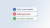 A screenshot from DaVinci Resolve showing three horizontal, rounded rectangular bullet points against a light blue to white gradient background. Each bullet point has a large, colored circle on the left with a white number inside, followed by white text on a white background. The top bullet point has a blue circle with "1" and reads "Fully Customizable." The middle has a red circle with "2" and reads "Bullet point text." The bottom has a green circle with "3" and reads "for DaVinci Resolve."