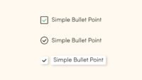 A screenshot from DaVinci Resolve showing three variations of a "Simple Bullet Point" with checkbox styles, set against a light cream background. The top bullet point features a green checkmark inside a black outlined square. The middle bullet point displays a black checkmark inside a black outlined circle. The bottom bullet point has a black checkmark inside a white rounded rectangular button with a subtle shadow, followed by the text "Simple Bullet Point" in a gray, rounded rectangular box. All text "Simple Bullet Point" is in a simple, sans-serif font.