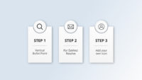A screenshot from DaVinci Resolve showing three vertically arranged, numbered bullet points with rounded rectangles. Each has a light gray background with subtle shading. The top of each rectangle features a circular placeholder with an icon: a magnifying glass on the left, an envelope in the middle, and a generic person icon on the right. Below the icon, "STEP 1," "STEP 2," and "STEP 3" are written in bold, all caps. Underneath each step, there is smaller text: "Vertical Bullet Point" for Step 1, "For DaVinci Resolve" for Step 2, and "Add your own icon" for Step 3.